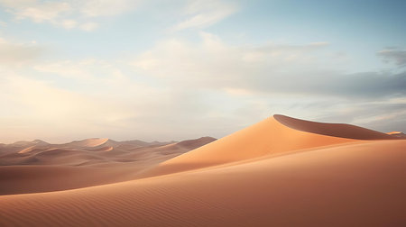 sand dunes stretch towards the horizon, their majestic curves sculpted by the desert wind, in this breathtaking landscape photograph by akos major, capturing the serene beauty of the arid environment, with warm golden light and soft shadows, evoking a sense of adventure and tranquility. ai generatedの素材