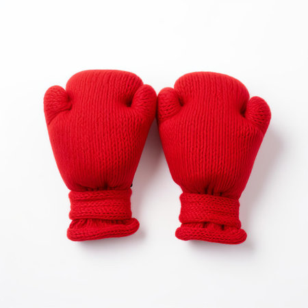 knitted boxing gloves sit isolated on a pristine white background, showcasing their vibrant colors and intricate stitching, perfect for a fitness enthusiast or boxing aficionado looking for a unique and cozy accessory for their next training session or competition. ai generatedの素材