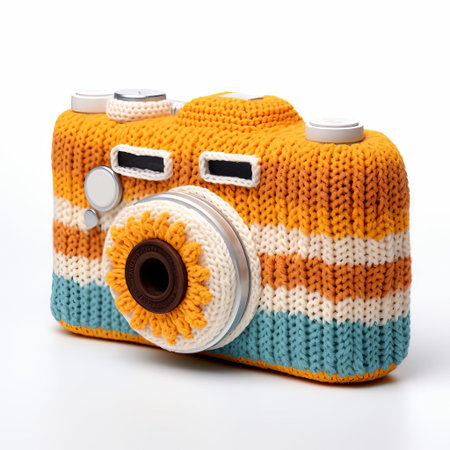 camera, a creative knitted version, sits isolated on a pristine white background, showcasing a unique blend of textile art and photography, perfect for craft enthusiasts, diy projects, and creative still-life compositions. ai generatedの素材