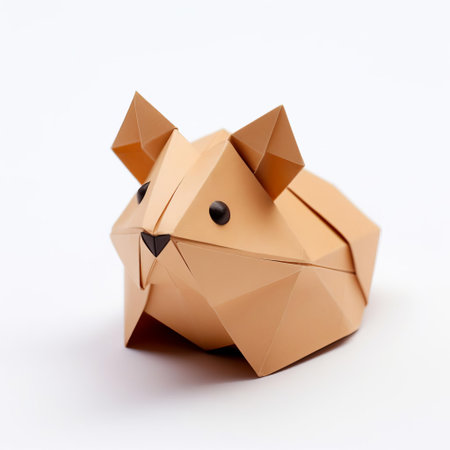 the adorable origami hamster sits proudly on a pristine white background, its intricately folded paper body showcasing the art of japanese paper crafting, perfect for fans of minimalist design, paper art, and cute animal figurines. ai generatedの素材