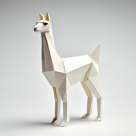 the llama, crafted from intricately folded paper, sits serenely against a pristine white background, showcasing the art of japanese origami in a delightful and whimsical way, perfect for fans of paper art, diy crafts, and south american culture. ai generatedの素材