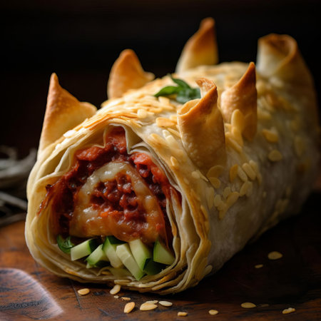 the wolf-shaped burrito pastry sits on a rustic wooden table, its crispy golden exterior wrapped around a savory filling, evoking the wild spirit of the forest, perfect for a themed party or a fun twist on traditional mexican cuisine, blending flavors and fantasy. ai generatedの素材