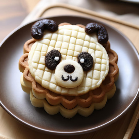 adorable panda-shaped waffles pastry sits on a white plate, surrounded by fresh berries and a dollop of whipped cream, making for a delightful breakfast or brunch treat that's almost too cute to eat, perfect for panda lovers and foodies alike. ai generatedの素材