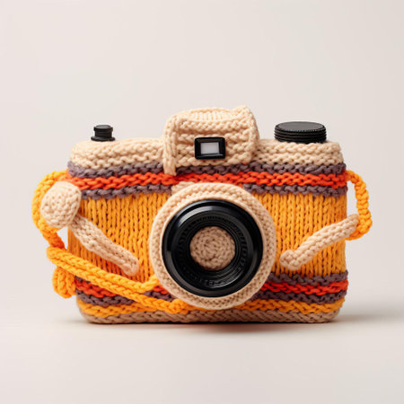 the camera, crafted from soft, colorful yarn through the art of knitting, sits isolated on a pristine white background, showcasing the unique blend of traditional craftsmanship and modern technology, perfect for photography enthusiasts and crafty individuals alike. ai generatedの素材