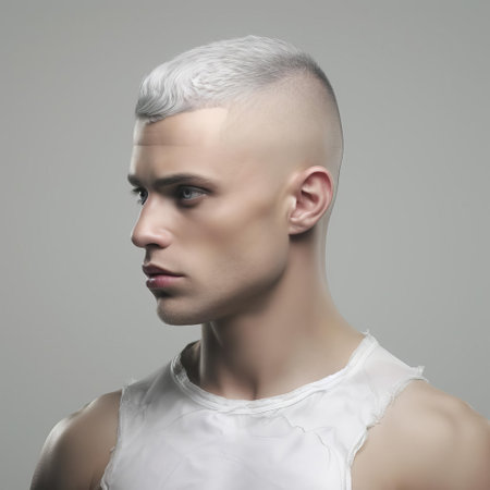 the 3d male model stands confidently against a pristine white background, showcasing a stylish high and tight haircut, perfectly blending modernity with a touch of sophistication, ideal for fashion, beauty, and lifestyle visual representations. ai generatedの素材