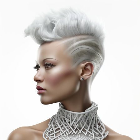 the edgy 3d female model stands out against a pristine white background, her bold mohawk hairstyle adding a touch of rebellious flair to her futuristic aesthetic, perfect for illustrations, animations, and digital art projects that demand a dash of attitude and sophistication. ai generatedの素材