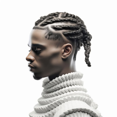 joseph, a stunning 3d model, stands out against a crisp white background, showcasing his intricate cornrows hairstyle, a traditional african braiding technique that adds a touch of cultural elegance to his modern digital persona. ai generatedの素材