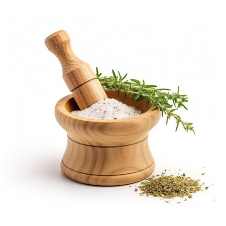 the pestle, a traditional kitchen tool, sits proudly on a crisp white background, its sturdy handle and rounded bowl gleaming in the light, ready to grind and mix ingredients for a variety of culinary creations, from sauces to spices, and everything in between. ai generatedの素材
