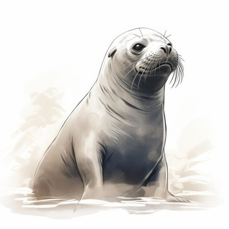 this seal sketch showcases the adorable marine mammal's distinctive features, with its fluffy fur, big brown eyes, and cute whiskers, set against a subtle ocean-inspired background, capturing the playful essence of these beloved creatures in their natural arctic habitat. ai generatedの素材