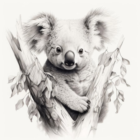 the koala, an iconic australian marsupial, is beautifully captured in this delicate sketch, showcasing its soft, fluffy fur and adorable facial features, with intricate details and subtle shading, evoking a sense of gentle curiosity and playfulness, perfect for nature lovers and animal enthusiasts alike. ai generatedの素材