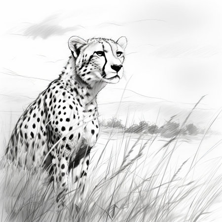the cheetah, with its slender body and distinctive black "tear lines" running from its eyes to its mouth, is beautifully captured in this intricate sketch, showcasing the artist's skill in rendering the subtle textures of the big cat's fur and the powerful muscles that enable it to reach incredible speeds. ai generatedの素材