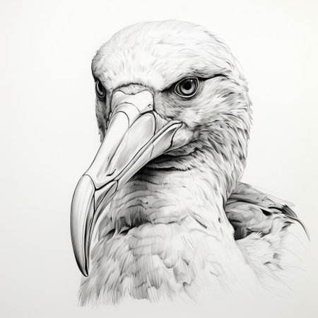 the albatross, a majestic seabird, spreads its impressive wingspan in this intricate sketch, showcasing its snowy-white feathers, sharp beak, and piercing gaze, capturing the essence of these magnificent creatures that soar over the open ocean, symbolizing freedom and adventure. ai generatedの素材