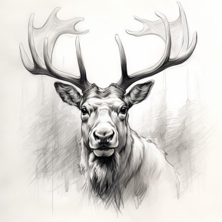 the caribou, also known as a reindeer, is majestically depicted in this detailed sketch, showcasing its impressive antlers and thick winter coat, set against a subtle background, capturing the essence of this majestic arctic inhabitant in its natural habitat. ai generatedの素材