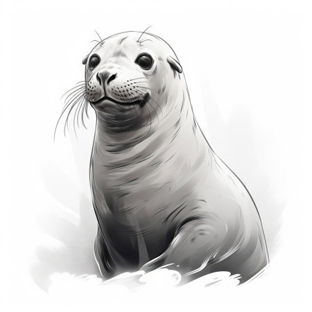 this seal sketch showcases the adorable marine mammal's distinctive features, with its fluffy fur, big brown eyes, and cute whiskers, set against a subtle ocean-inspired background, evoking a sense of playfulness and curiosity, perfect for nature lovers and animal enthusiasts alike. ai generatedの素材