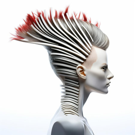 the 3d female model with a vibrant mohawk hairstyle stands out against a crisp white isolated background, showcasing her edgy and trendy personality, perfect for illustrations, graphics, and digital art projects that require a bold and futuristic aesthetic. ai generatedの素材