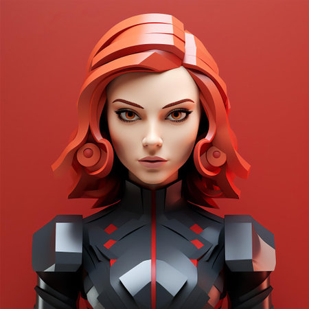 scarlett, a stunning minimalist 3d character, poses elegantly against a soft pastel background, showcasing her sleek design and vibrant red hair, perfect for modern digital art, 3d modeling, and animation projects, evoking a sense of simplicity and sophistication in futuristic character design. ai generatedの素材