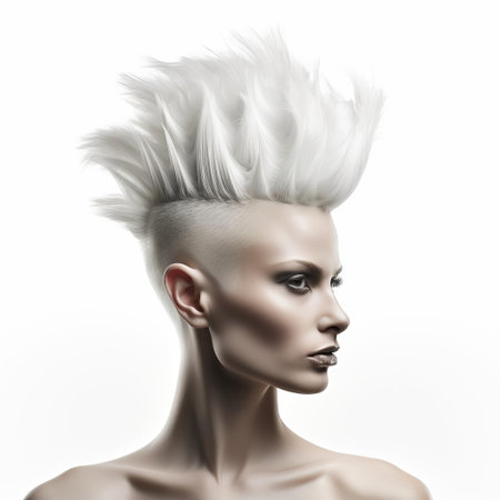 the 3d female faux hawk model stands out against a crisp white isolated background, showcasing a trendy and edgy hairstyle that's perfect for digital art, fashion, and beauty designs, ideal for illustrating modern women's hairstyles, punk rock aesthetics, and avant-garde fashion trends. ai generatedの素材