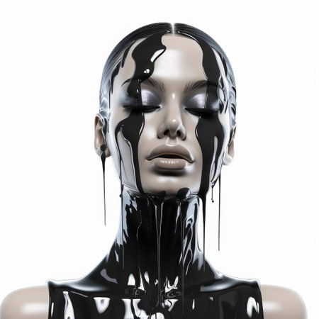 the 3d female model showcases a stunning wet look, glistening with moisture, against a crisp white isolated background, highlighting her sleek features and curves, perfect for beauty, fashion, and wellness concepts, evoking feelings of freshness and sophistication. ai generatedの素材