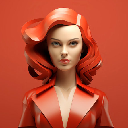 scarlett, a stunning minimalist 3d character, poses elegantly against a clean white background, showcasing her sleek design and vibrant red hair, perfect for use in modern digital art, graphic design, and futuristic visualizations, evoking a sense of simplicity and sophistication. ai generatedの素材