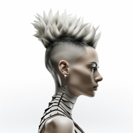 the 3d female model with a bold mohawk hairstyle stands out against a crisp white isolated background, showcasing her edgy and trendy virtual persona, perfect for futuristic and avant-garde design concepts, digital art, and futuristic fashion illustrations. ai generatedの素材