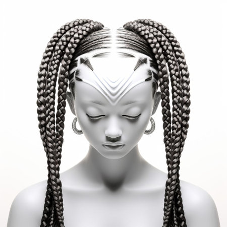 the woman showcases an intricate 3d female braid hairstyle, beautifully styled with precision and care, against a clean white isolated background, highlighting the detailed texture and pattern of the braids, perfect for beauty, hair, and fashion-related projects. ai generatedの素材