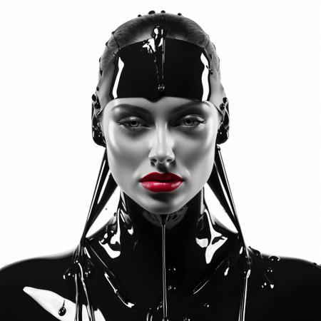 the 3d female model showcases a stunning wet look, glistening with moisture, posed elegantly against a pristine white isolated background, highlighting her sleek curves and radiant beauty, perfect for fashion, beauty, and wellness visual content. ai generatedの素材