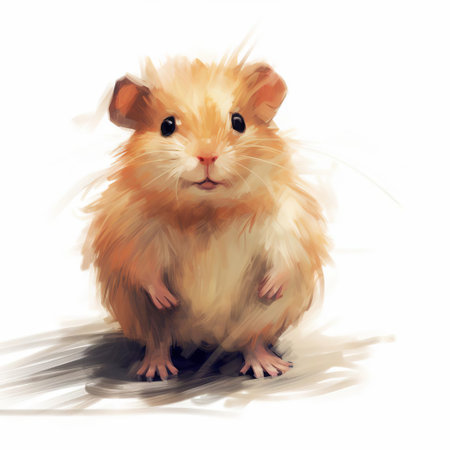 the hamster, depicted in a whimsical style reminiscent of a watercolor painting, takes center stage against a clean white background, showcasing its adorable features through soft, blended brushstrokes and a muted color palette, evoking a sense of gentle, playful innocence. ai generatedの素材