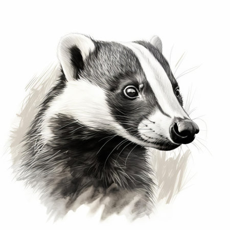 the badger, a nocturnal mammal with distinctive white stripes on its forehead, is beautifully captured in this detailed sketch, showcasing its robust body, short legs, and sharp claws, set against a subtle background, highlighting the artist's skill in rendering wildlife art with precision and finesse. ai generatedの素材