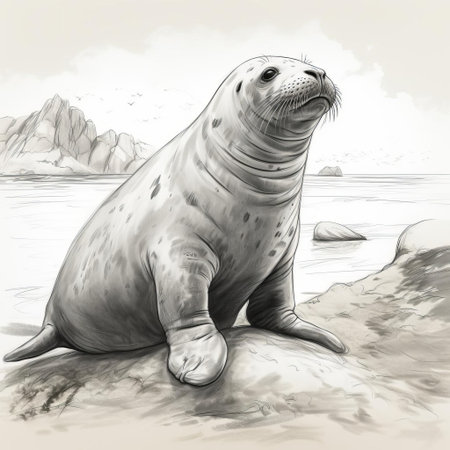 the elephant seal, a large pinniped mammal, is beautifully captured in this intricate sketch, showcasing its distinctive proboscis and bulky body, highlighting the unique characteristics of this marine animal, commonly found in coastal habitats and known for its impressive diving abilities. ai generatedの素材