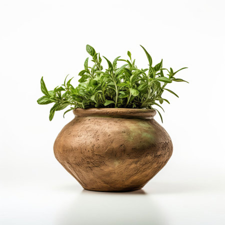 the ceramic pot, adorned with intricate designs, sits elegantly on a pristine white isolated background, showcasing its earthy tones and rustic charm, perfect for adding a touch of warmth and coziness to any home decor or still life photography composition. ai generatedの素材