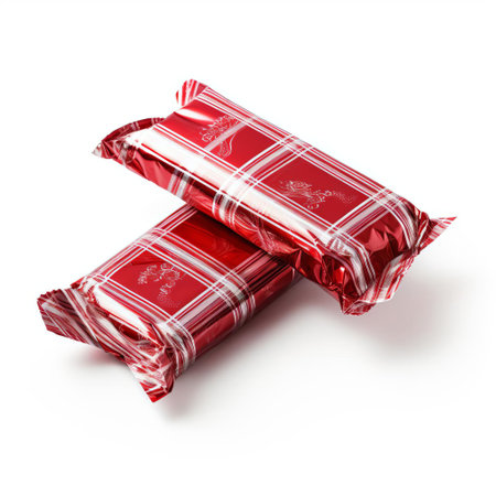 the wrapper, made of colorful paper or plastic material, lies flat on a white isolated background, showcasing its vibrant design and texture, perfect for packaging snacks, candies, or small gifts, adding a pop of color to any presentation or display. ai generatedの素材