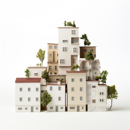 the modern housing model sits proudly on a white isolated background, showcasing its sleek architectural design and vibrant colors, perfect for real estate marketing materials, property development presentations, and interior design inspiration, highlighting the beauty of contemporary residential buildings. ai generatedの素材