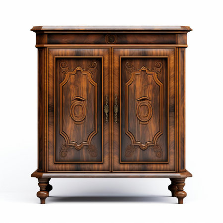the cabinet, crafted from rich wood tones, stands elegantly on a pristine white isolated background, showcasing its sleek design and ample storage space, perfect for modern kitchens, bathrooms, or offices, adding a touch of sophistication to any room's decor. ai generatedの素材