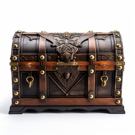 the chest, adorned with intricate carvings, sits proudly on a pristine white isolated background, showcasing its rustic charm and vintage appeal, perfect for home decor inspiration, antique furniture enthusiasts, and rustic living room design ideas. ai generatedの素材