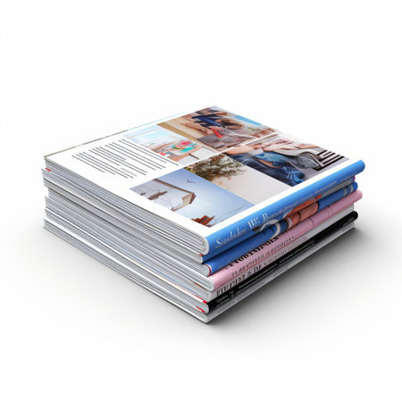 a magazine lies open on a pristine white isolated background, its colorful pages and bold headlines standing out against the clean and minimalist surroundings, perfect for showcasing editorial content, publishing designs, or advertising layouts in a professional and eye-catching manner. ai generatedの素材