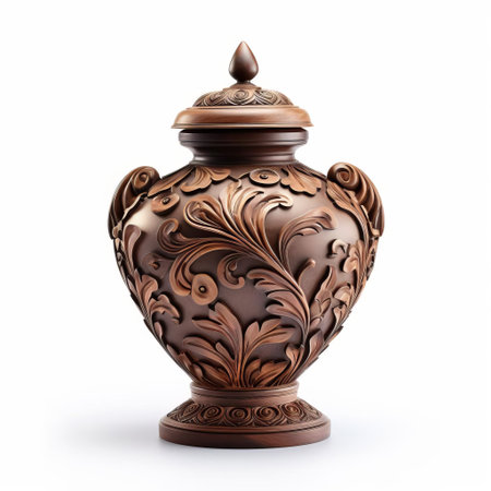 the urn, a beautiful ceramic vessel, sits elegantly on a pristine white isolated background, showcasing its intricate design and ornate details, perfect for decorative purposes or as a unique storage container for flowers, ashes, or treasures. ai generatedの素材