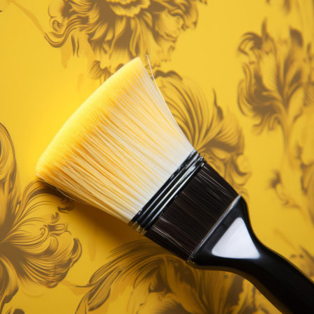the brush cleaner, with its vibrant yellow handle, is specifically designed to remove old wallpaper adhesive and dirt from various brush types, making it an essential tool for diy enthusiasts and professional painters, ensuring a smooth and efficient painting process. ai generatedの素材
