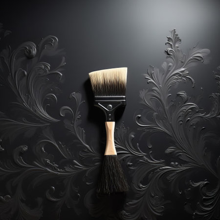 a paintbrush lies against a dramatic black wallpaper, its bristles worn from creating artistic masterpieces, surrounded by subtle texture and tone, evoking a sense of creativity and sophistication in home decor, perfect for adding a touch of elegance to any room. ai generatedの素材