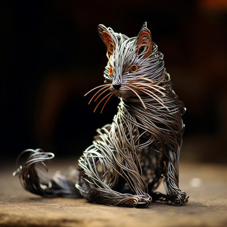 the wire cat sculpture sits elegantly on a wooden table, its intricate design and delicate features showcasing exceptional craftsmanship, perfect for animal lovers and art enthusiasts who appreciate unique handmade decorative pieces and creative wire art. ai generatedの素材