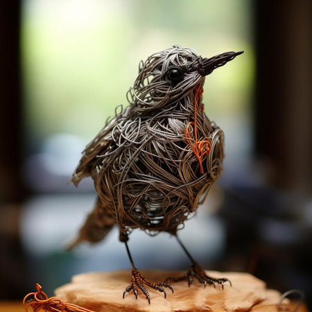 the wire bird perches delicately on a branch, its intricately twisted metal feathers glistening in the light, showcasing the artisan's skill in transforming a simple material into a stunning work of art, evoking a sense of whimsy and wonder in this unique piece of wire sculpture. ai generatedの素材