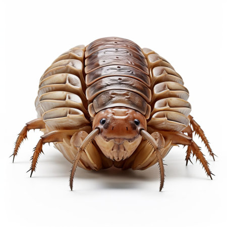 the woodlouse, a terrestrial crustacean, is showcased in stunning 3d detail, its armored exoskeleton and multiple legs intricately rendered against a crisp white isolated background, perfect for nature enthusiasts, scientists, and graphic designers seeking high-quality insect imagery for educational or commercial use. ai generatedの素材