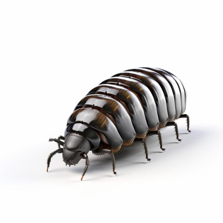 the pill bug, also known as a rolly pollie, is showcased in stunning 3d detail, its armored shell and multiple legs intricately rendered against a crisp white isolated background, perfect for educational or creative projects focused on entomology, insects, or arthropods. ai generatedの素材