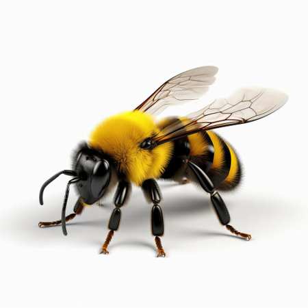 a vibrant 3d bumblebee, with its bright yellow and black stripes, sits proudly on a pristine white isolated background, showcasing its intricate details and textures, perfect for nature enthusiasts, graphic designers, and anyone looking for a stunning insect illustration. ai generatedの素材