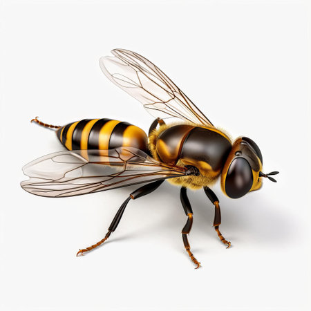 the 3d hoverfly, with its iridescent wings and metallic green body, is beautifully showcased on a crisp white isolated background, highlighting its intricate details and vibrant colors, perfect for nature enthusiasts, entomologists, and graphic designers seeking high-quality insect imagery for their projects. ai generatedの素材
