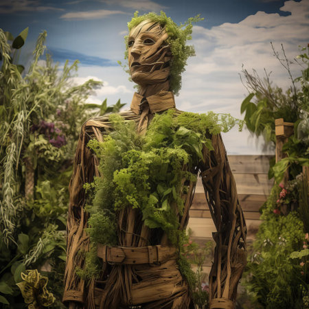 the wooden mannequin stands amidst a serene landscape, surrounded by lush greenery and majestic trees, evoking a sense of tranquility and connection with nature, perfect for photographers and artists seeking to capture the beauty of the outdoors in their work. ai generatedの素材