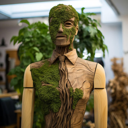 the wooden mannequin stands amidst a serene landscape, surrounded by lush greenery and vibrant flowers, evoking a sense of tranquility and harmony with nature, perfect for photographers and artists seeking to capture the beauty of the great outdoors in their work. ai generatedの素材