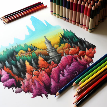 vibrant crayons of landscape art sprawl across the canvas, capturing the essence of nature's beauty with swirling colors and bold strokes, evoking feelings of serenity and wonder, perfect for art enthusiasts and nature lovers alike, showcasing the magic of abstract expressionism. ai generatedの素材