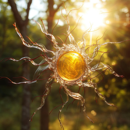 the wire sun sculpture, crafted from intricately twisted metal wires, shines brightly with a warm, golden glow, evoking feelings of serenity and tranquility, perfect for adding a touch of whimsical charm to any room's decor, blending modern art with natural inspiration. ai generatedの素材