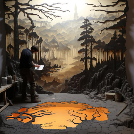 beautiful landscape stencils adorn the wall with intricate designs, featuring serene scenery of rolling hills, majestic mountains, and peaceful lakes, perfect for diy home decor and artistic expression, adding a touch of nature-inspired elegance to any room. ai generatedの素材