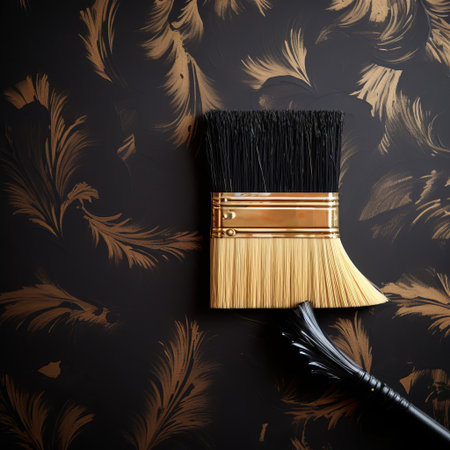 a paintbrush lies against a dramatic black wallpaper, its bristles worn from creating artistic masterpieces, surrounded by subtle texture and tone, evoking a sense of creativity and sophistication in home decor, perfect for adding a touch of elegance to any room. ai generatedの素材